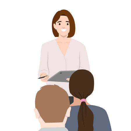 Teacher holds a tablet and stylus while attentively interacting with her students during a lesson. Flat vector illustration isolated on white backgroundのイラスト素材
