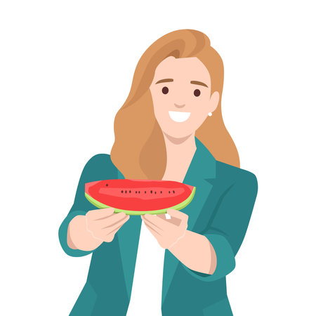 Happy woman in a teal jacket cheerfully presents a fresh slice of watermelon. Flat vector illustration isolated on white backgroundのイラスト素材