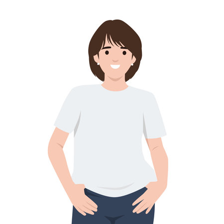woman with short brown hair, pearl earrings, and a white tshirt,standing with her hands on her hips. Flat vector illustration isolated on white backgroundのイラスト素材