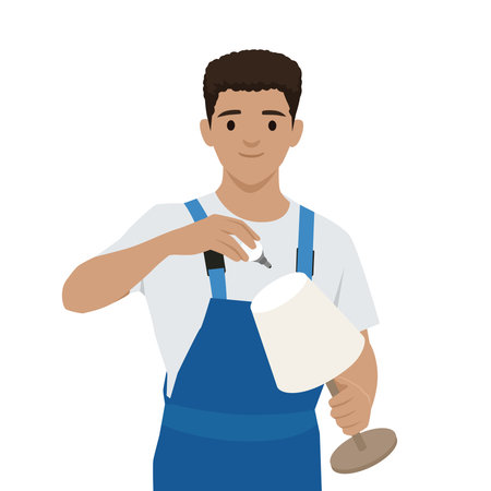 Young man in blue overalls fixes a lamp with a screwdriver, skill and precision in home maintenance. Flat vector illustration isolated on white backgroundのイラスト素材
