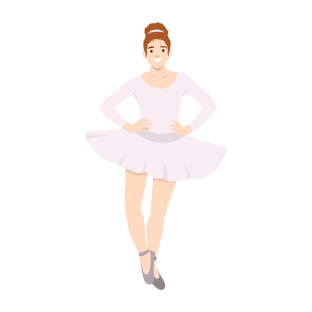 Ballerina dressed in a soft pink tutu stands gracefully with hands on hips. Flat vector illustration isolated on white backgroundのイラスト素材