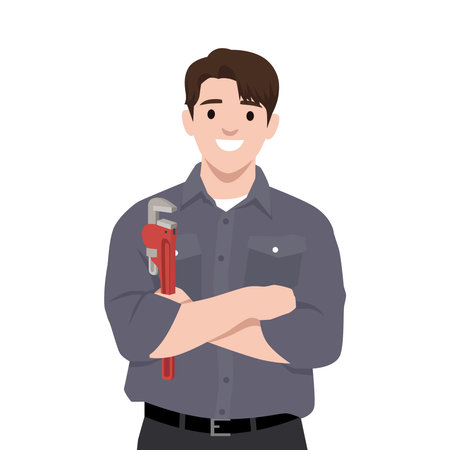 Young engineer stands proudly with a red pipe wrench, ready to tackle any technical challenge. Flat vector illustration isolated on white backgroundのイラスト素材