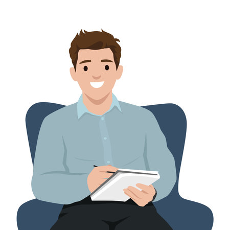 Smiling Man Sitting and Writing on a Notepad. Flat vector illustration isolated on white backgroundのイラスト素材