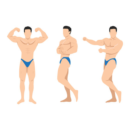 Three male bodybuilders in blue briefs showcase their muscular physiques through iconic poses. Flat vector illustration isolated on white backgroundのイラスト素材