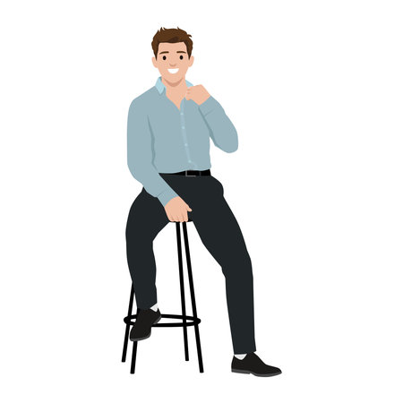 Man in a shirt and dark pants sits confidently on a stool, exuding a relaxed and approachable vibe. Flat vector illustration isolated on white backgroundのイラスト素材
