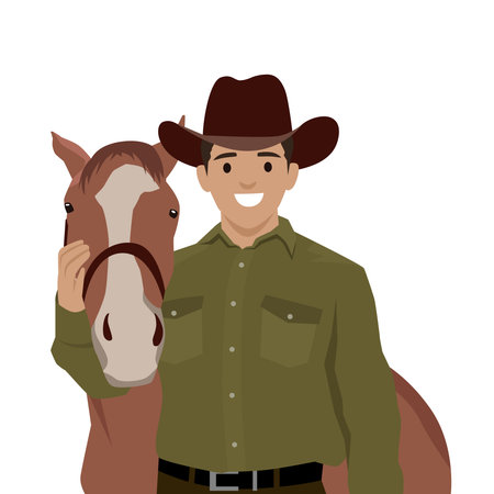 Cowboy wearing a wide brimmed hat stands beside his horse, gently holding its face. Flat vector illustration isolated on white backgroundのイラスト素材