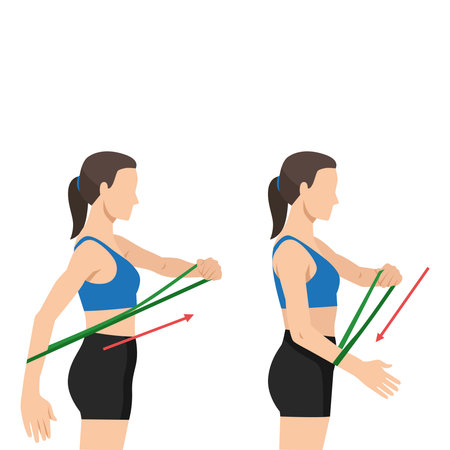 Standing Resistance Band Arm Pull for Shoulder and Arm Activation. Flat vector illustration isolated on white backgroundのイラスト素材