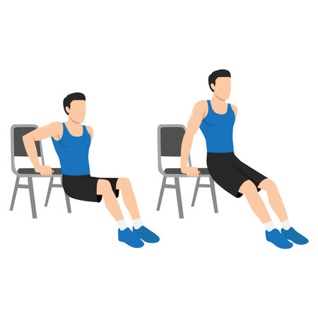 Chair Tricep Dips Exercise Guide. Flat vector illustration isolated on white backgroundのイラスト素材