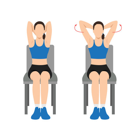 Woman doing Seated Chest Stretch Exercise. Flat vector illustration isolated on white backgroundのイラスト素材