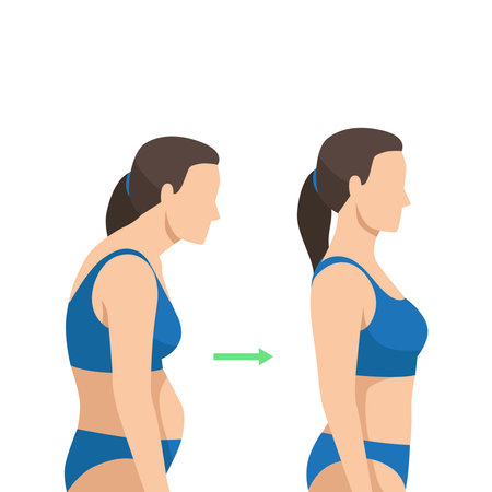 Womanâs physical transformation from an unfit to a healthier, toned posture and body. Flat vector illustration isolated on white backgroundのイラスト素材