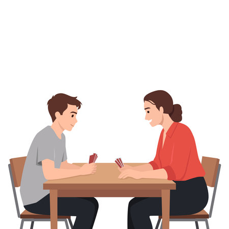 Mother and her son enjoy a friendly game of cards at the table, sharing a moment of bonding. Flat vector illustration isolated on white backgroundのイラスト素材