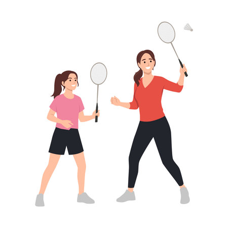Mother and daughter enjoying a game of badminton, symbolizing family bonding and physical activity. Flat vector illustration isolated on white backgroundのイラスト素材