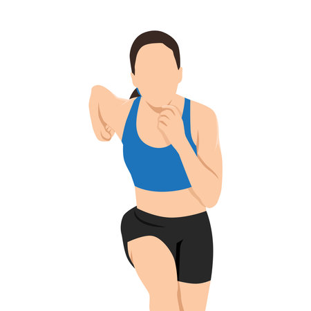 Woman running, showcasing energy, strength, and determination in athletic performance. Flat vector illustration isolated on white backgroundのイラスト素材
