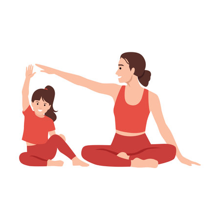 Mother and her young daughter are enjoying a yoga session together. Flat vector illustration isolated on white backgroundのイラスト素材