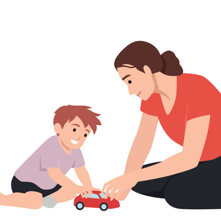 Mother and her young son as they sit on the floor and play together with a red toy car. Flat vector illustration isolated on white backgroundのイラスト素材
