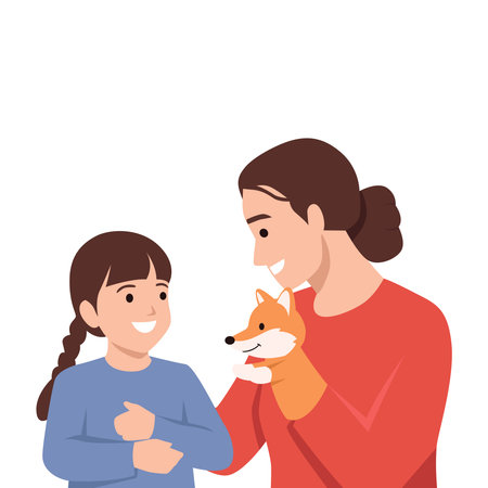 Mother entertains her daughter using a fox hand puppet, sharing a joyful and imaginative bonding. Flat vector illustration isolated on white backgroundのイラスト素材