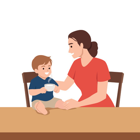 Mother lovingly helping her smiling child drink from a cup, symbolizing care. Flat vector illustration isolated on white backgroundのイラスト素材