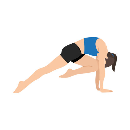 Dynamic Yoga Stretch, Knee to Elbow. Eka Pada Koundinyasana II, One Legged Arm Balance Pose II. Flat vector illustration isolated on white backgroundのイラスト素材
