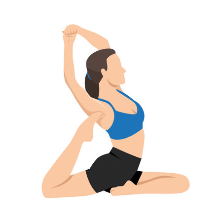 Woman performs an advanced yoga stretch in a seated backbend, One Legged King Pigeon Pose. Flat vector illustration isolated on white backgroundのイラスト素材