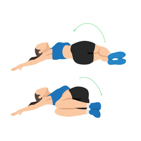 Woman doing windshield wiper ab exercise, targeting the core and obliques. Flat vector illustration isolated on white backgroundのイラスト素材