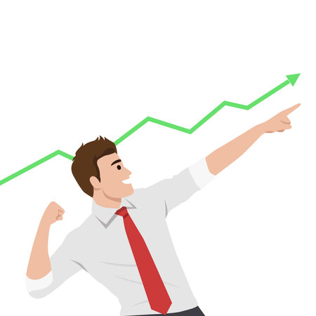 Confident businessman points upward alongside a rising green chart, symbolizing success. Flat vector illustration isolated on white backgroundのイラスト素材