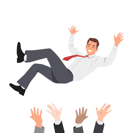 Businessman is tossed in the air by colleagues, symbolizing achievement, and workplace celebration. Flat vector illustration isolated on white backgroundのイラスト素材