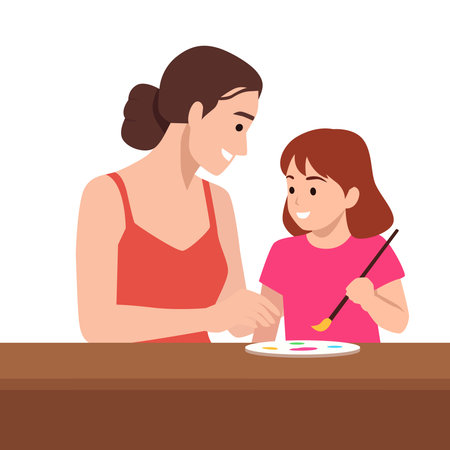 Mom and Daughter Painting Together. Flat vector illustration isolated on white backgroundのイラスト素材