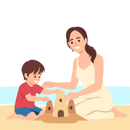 Mother and her young son enjoy a sunny day at the beach, build an elaborate sandcastle by the shore. Flat vector illustration isolated on white backgroundのイラスト素材