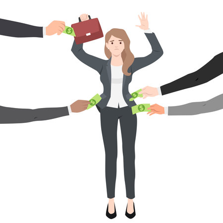 Businesswoman distressed as multiple hands reach toward her with money, demands, or unwanted offers. Flat vector illustration isolated on white backgroundのイラスト素材