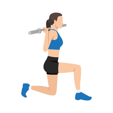 Woman performing a barbell lunge, focusing on strength training for the legs, glutes, and core. Flat vector illustration isolated on white backgroundのイラスト素材