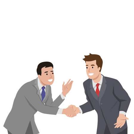 Two businessmen in suits happily shaking hands, symbolizing cooperation and successful partnership. Flat vector illustration isolated on white backgroundのイラスト素材
