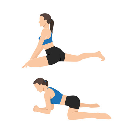 Woman doing Dynamic Hip Stretch and Core Flow Exercise. Flat vector illustration isolated on white backgroundのイラスト素材