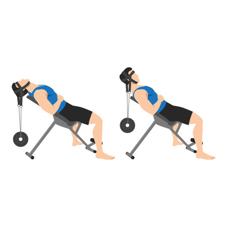 Man doing Weighted Neck Flexion Exercise. Flat vector illustration isolated on white backgroundのイラスト素材