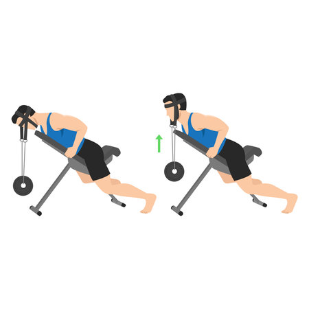 Man doing weighted neck extension on an incline bench using a neck harness to build strength. Flat vector illustration isolated on white backgroundのイラスト素材
