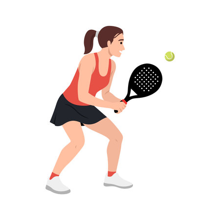Female athlete in a red top and black skirt preparing to hit the ball with a padel racket. Flat vector illustration isolated on white backgroundのイラスト素材
