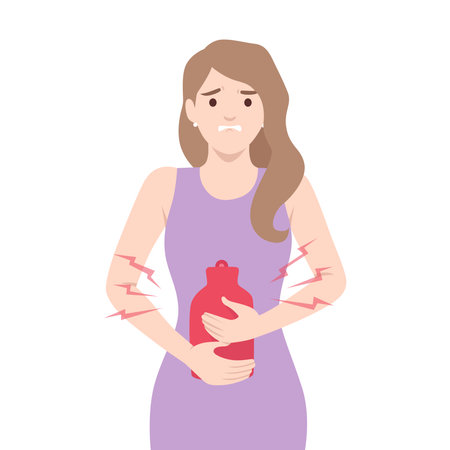 Woman holding a red hot water bottle to her stomach, showing discomfort and pain. Flat vector illustration isolated on white backgroundのイラスト素材
