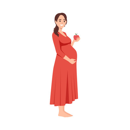Pregnant woman in a red dress holding an apple, symbolizing healthy pregnancy and nutrition. Flat vector illustration isolated on white backgroundのイラスト素材