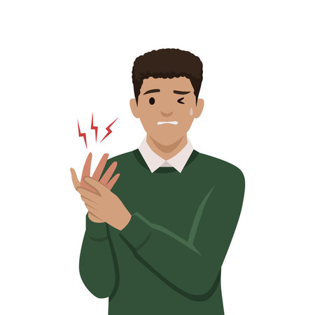 Man in a green sweater holding his injured hand with a painful expression, finger pain or bruise. Flat vector illustration isolated on white backgroundのイラスト素材