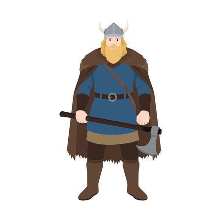 Viking warrior standing with horned helmet, fur cloak, and battle axe, Norse history and culture. Flat vector illustration isolated on white backgroundのイラスト素材