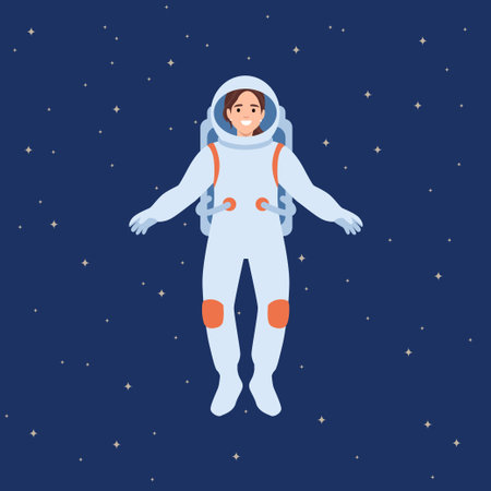 Smiling Female Astronaut Floating in Space. Flat vector illustration isolated on white backgroundのイラスト素材