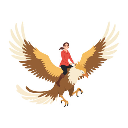 Woman riding a giant eagle in flight, representing fantasy adventure and freedom in the sky. Flat vector illustration isolated on white backgroundのイラスト素材