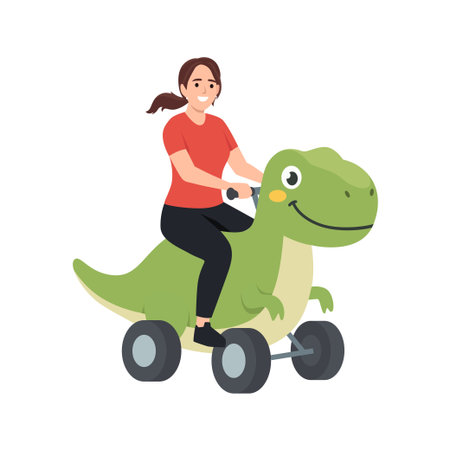 Woman Riding Dinosaur Toy on Wheels. Flat vector illustration isolated on white backgroundのイラスト素材