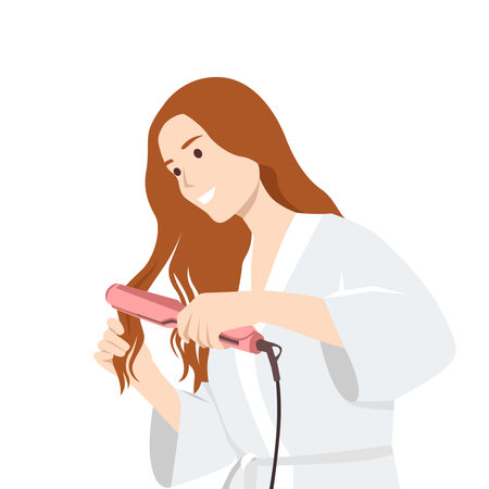 Woman Straightening Hair with Flat Iron. Flat vector illustration isolated on white backgroundのイラスト素材