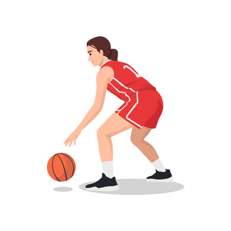 Woman basketball player dribbling a ball. Flat vector illustration isolated on white backgroundのイラスト素材