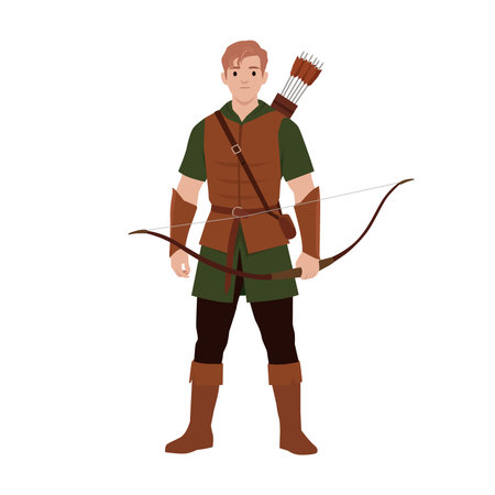Medieval Archer with Bow and Quiver. Flat vector illustration isolated on white backgroundのイラスト素材