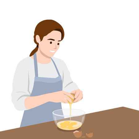 Woman Cracking Eggs into Bowl. Flat vector illustration isolated on white backgroundのイラスト素材