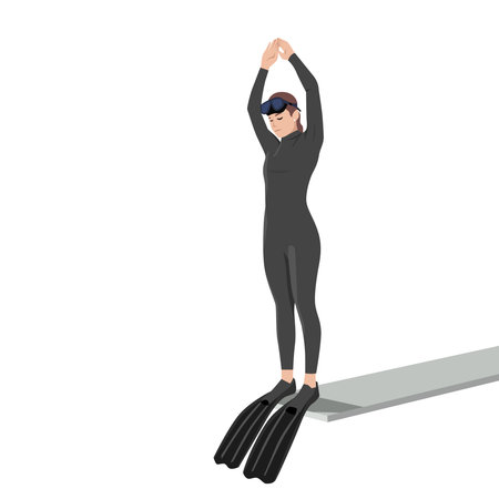 Female Freediver Preparing to Dive from the Platform. Flat vector illustration isolated on white backgroundのイラスト素材