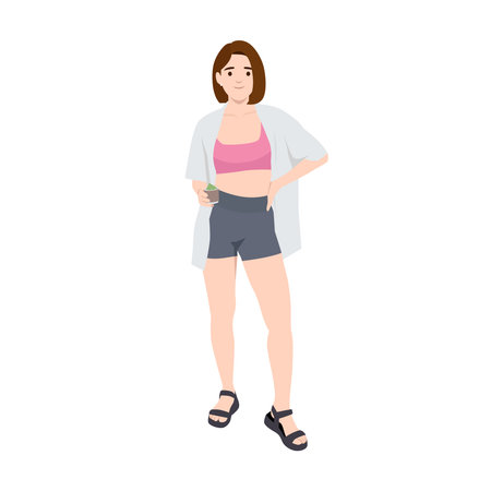 Active Woman Enjoying Ice Cream in Summer Outfit. Flat vector illustration isolated on white backgroundのイラスト素材