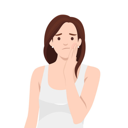 Woman Suffering from Toothache, Holding Painful Cheek. Flat vector illustration isolated on white backgroundのイラスト素材