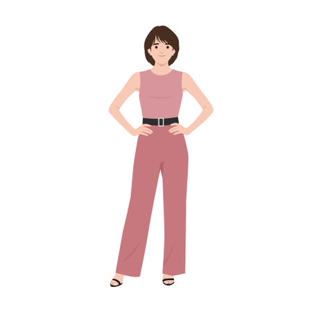 Confident Woman Standing in Stylish Pink Outfit. Flat vector illustration isolated on white backgroundのイラスト素材